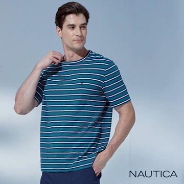 Nautica 男裝 跳色條紋休閒短袖T恤-藍綠色