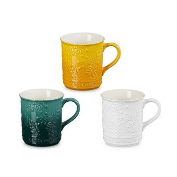 LE CREUSET -瓷器馬克杯 400ml (橄欖雕花-綠光森林/棉花白/杏桃黃 3色選1)