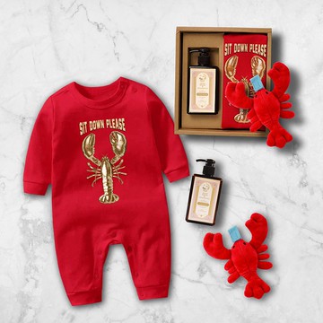 請坐好金龍蝦 長袖連身衣+龍蝦安撫娃娃+沐浴露 3件組嬰兒禮盒