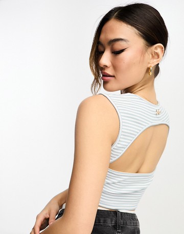 Sixth June sleeveless open back detail ribbed knit crop top in blue