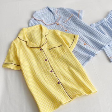 ins格子睡衣女夏季純棉紗布薄款寬松吸汗透氣短袖短褲家居服套裝