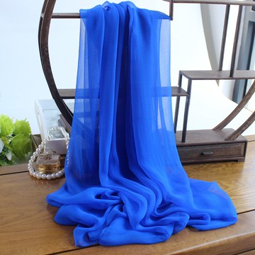 純色喬其真絲圍巾帶吊墜絲巾桑蠶絲紗巾薄披肩女寶藍色夏春秋冬季1入