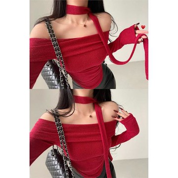 YoungGirlDay純欲性感一字肩系脖飄帶修身長袖褶皺打底針織衫上衣