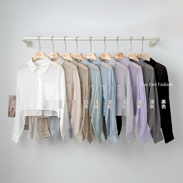 【Fee隔日到貨9色】翻領短版排釦透膚襯衫🔥防曬外套 透膚女上衣 短版上衣 薄長袖 韓系穿搭 小外套 長袖襯衫 秋冬
