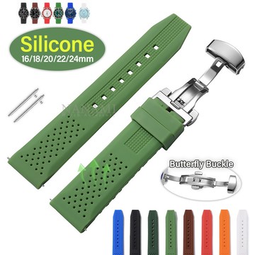 矽膠柔軟透氣錶帶 16 毫米 18 毫米 20 毫米 22 毫米 24 毫米快速釋放蝴蝶扣手鍊防水橡膠錶帶男士女士運動腕