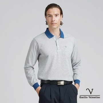Emilio Valentino 范倫鐵諾男裝精梳棉胸袋薄長袖POLO衫_藍灰白(99-4V8067)