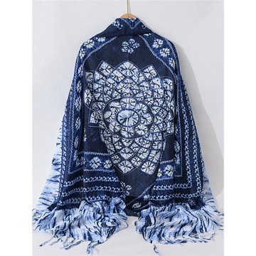 復古民族風圍巾女春秋薄云南仿藍染百搭文藝長款夏季防曬度假披肩