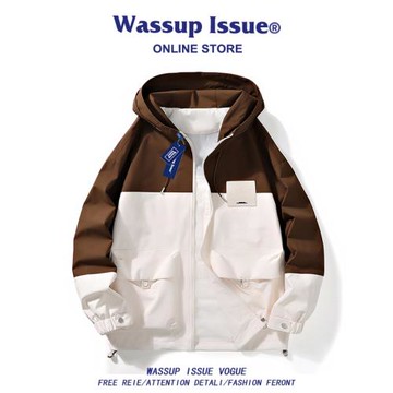 WASSUP ISSUE拼色連帽寬松休閑夾克男高街學生潮牌外套長袖上衣