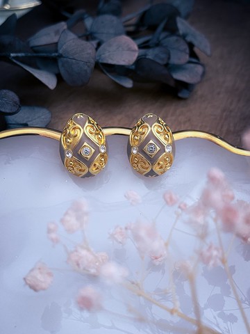 Joan Rivers 莫蘭迪藕色琺瑯彩蛋耳環耳針—美國古董首飾