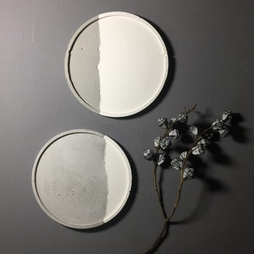 雙・對 - 灰色及白色拼合 水泥圓形置物碟