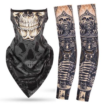 夏季防曬冰絲袖套手臂套冰袖騎行男女冰絲頭巾面罩套裝手套釣魚