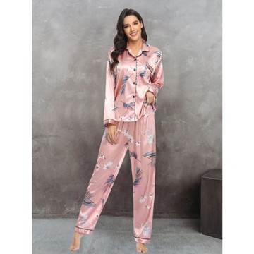 women's two piece stretch satin loungewear pajamas家居服睡衣