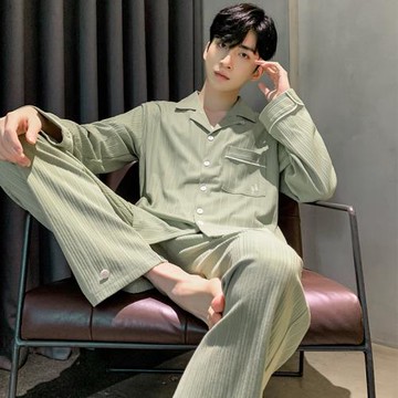 簡約男士睡衣春秋款純棉長袖開衫可出門休閑大碼秋冬季套裝家居服