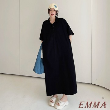 夏季特大碼150公斤 寬鬆胖mm過膝連衣裙 韓版polo領懶人短袖T卹長裙子 寬鬆休閑百搭直筒裙 翻領短袖連身裙 洋裝女