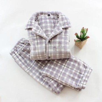 珊瑚絨睡衣男士冬季加厚法蘭絨家居服套裝秋冬簡約格子男式大碼