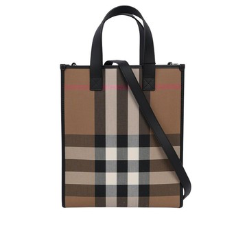 BURBERRY 大格紋帆布直式手提斜背二用包(灰褐色棕色)