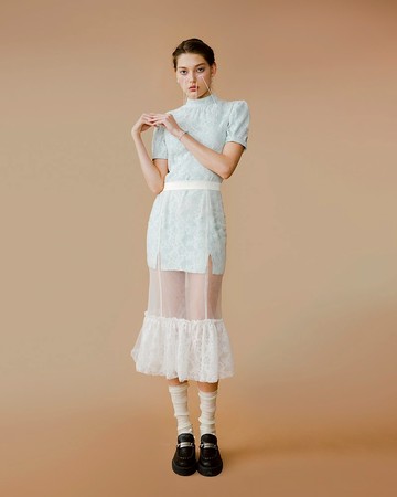 復古立領連衣裙配蕾絲透明裙罩套裝