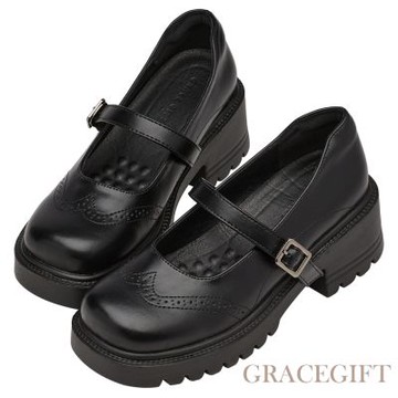 【Grace Gift】英倫雕花輕量厚底瑪莉珍鞋 黑