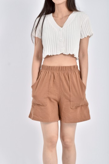 (S) 高腰質感鬆緊腰橘色短褲