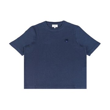 MAISON KITSUNE 布標字母LOGO小狐狸頭純棉圓領寬鬆短袖T恤(女款/墨藍)