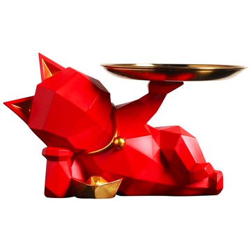 摩達客◉現代藝術紅色設計師斜躺捧金盤迎賓招財貓-開運喵星人擺飾單入