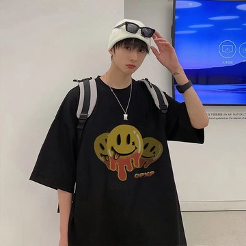 夏季笑臉印花短T 日系 港風 潮牌 短袖 男生T恤 韓版 潮T 學生寬鬆 上衣 T恤男 短T(GCT1022)【壹號站】
