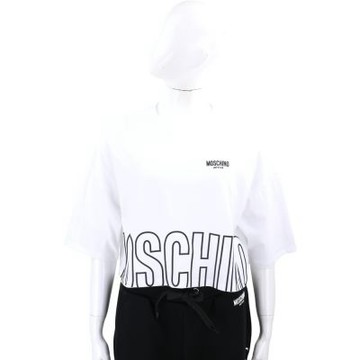 MOSCHINO Active 膠條線框字母下襬 白色純棉短袖 短版TEE T恤