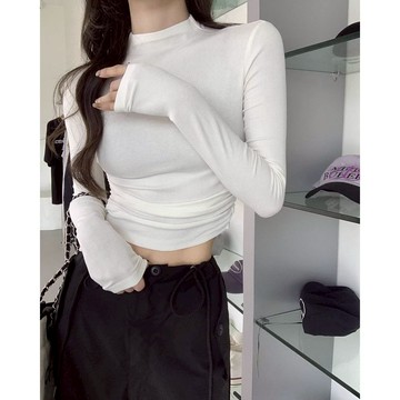 短版抓皺半高領打底上衣 彈性 莫代爾棉 素T 內搭 長袖T恤 修身 顯瘦 長袖上衣 短版長袖 秋冬女裝
