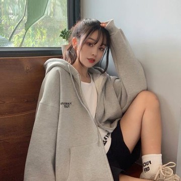 灰色春秋連帽衛衣女款2025新款爆款寬松開衫拉鏈中長款遮屁股上衣