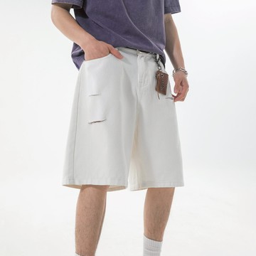 【PMS】刀割破洞设计微A牛仔短裤 男夏新款短褲 男牛仔短褲 休閒短褲 直筒宽松中裤 潮牌 休闲五分裤