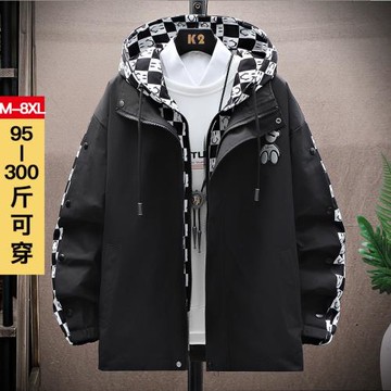 外套男春秋新款寬松大碼300斤青少年學生運動連帽夾克假兩件上衣