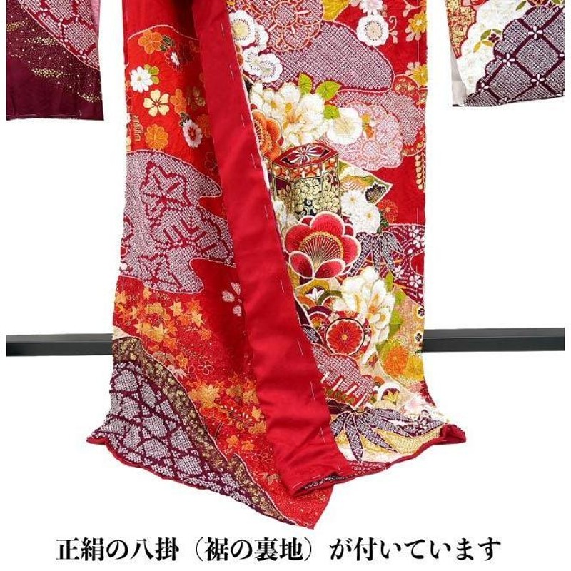 決算セール 仕立付き 総絞り 正絹振袖 f-515 赤 辻が花 刺繍入り 成人