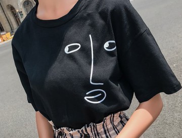 FINDSENSE H1 2018 夏季 新款  時尚印花T恤搭配 顯腿長高腰格子褲 兩件套 休閒潮流女套裝