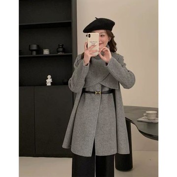 Mina 時髦純色可拆卸披肩斗篷女中長款小個子氣質毛呢外套