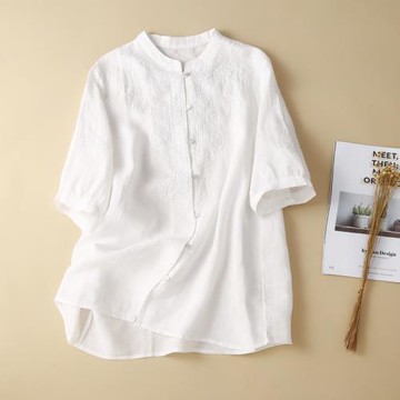清倉撿漏外貿余單白色棉麻短袖襯衫女夏季純色休閑亞麻刺繡襯衣薄