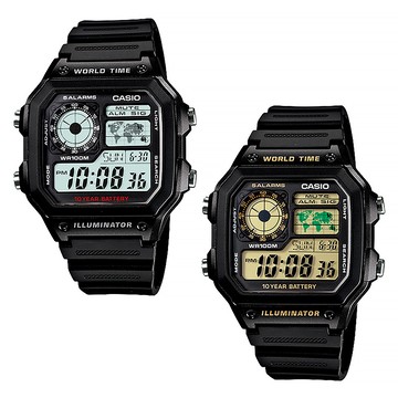 CASIO 卡西歐 AE-1200WH 低調方形款世界地圖多時區顯示電子膠錶