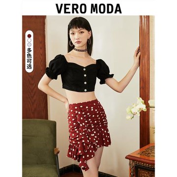 Vero Moda奧萊半身裙夏季清倉復古波點荷葉邊褶皺裝飾氣質短裙