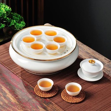 羊脂玉茶盤功夫茶具套裝家用白瓷蓋碗整套茶臺10寸陶瓷茶盤禮盒裝
