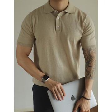 YUXIAN余閑針織POLO衫純色輕熟復古通勤基礎T恤純棉男士短袖美式