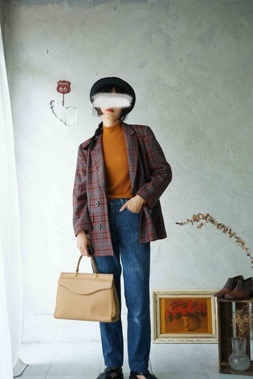 尋寶古著-日本製Leilian灰紅色格紋復古西裝外套