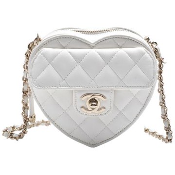 CHANEL 經典雙C LOGO菱格紋小羊皮愛心造型迷你斜背包(白色)