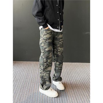 UNCLEBLUE 潮牌戶外迷彩工裝牛仔褲男美式垂感寬松直筒闊腿休閑褲