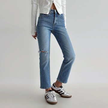 正韓牛仔褲 割破牛仔直筒九分褲DOB6006-創翊韓都