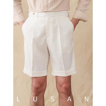 鹿三先生夏季那不勒斯高腰休閑短褲夏季麻混紡修身復古通勤褲子男