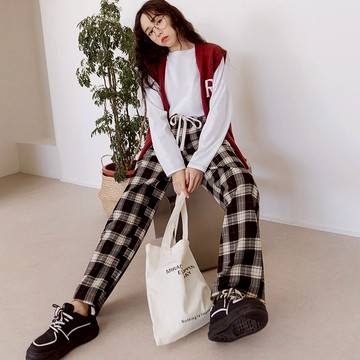 OB嚴選 格紋磨毛鬆緊腰抽繩寬鬆長褲 《BA7410》大尺碼/現貨/女裝