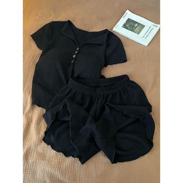 DUYI~夢詩 睡衣女高級感純棉夏季短袖短褲兩件套薄款簡約小個子帶胸墊家居服