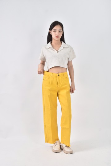 (L) cotelac秋冬丹寧牛仔棉質車線黃色長褲