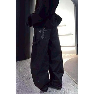 【SEMPLICITA】美式 復古 鉚釘 十字架 豹紋 貼布 直筒 寬褲 牛仔褲 長褲 寬版 男女款 休閒長褲