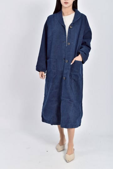 (XL) yanagi丹寧牛仔質感翻領排扣大衣藍色外套