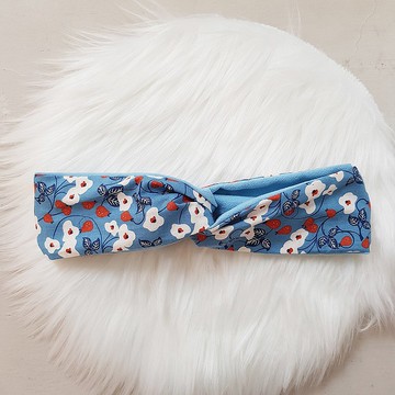 水藍花海 韓國布 交叉鬆緊髮帶 髮飾